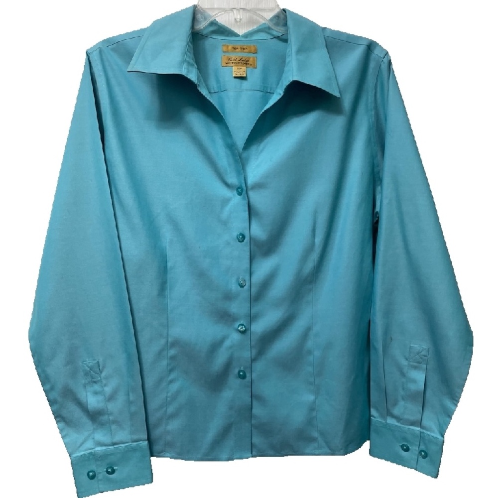 NWOT Gold Label Westbound Blouse 14P Turquoise Button Front  Long Slvs N0 IRON